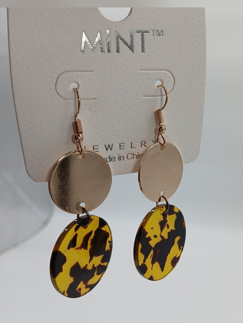 NWT Gold and Tortoiseshell Double Disc Drop Rose Gold Statement Dangle Earrings - Picture 5 of 6